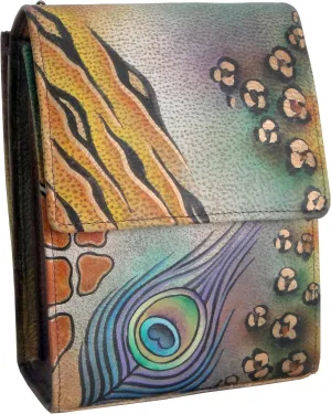 Anuschka Hand Painted Women’s Genuine Leather Triple Compartment Crossbody Organizer - Flap Open Entry & Card Holders