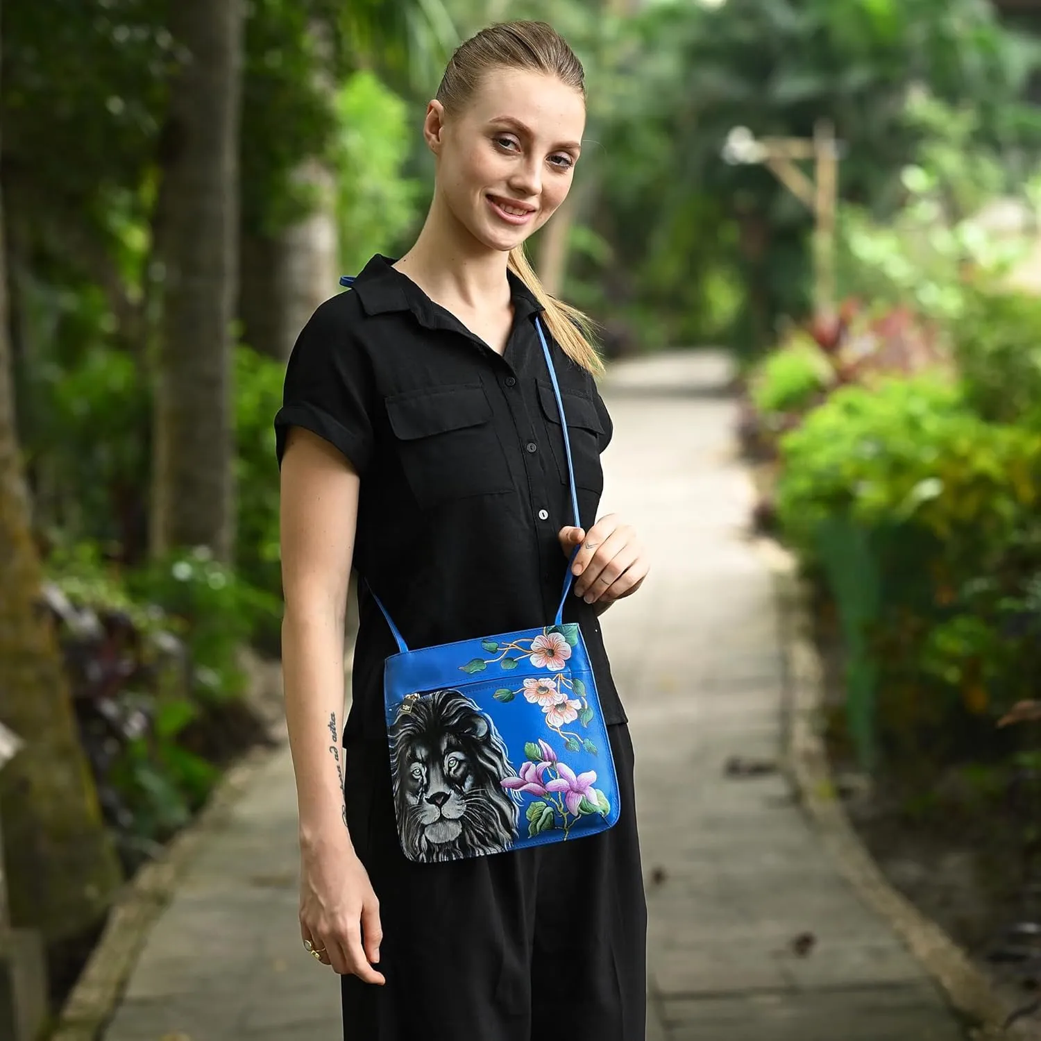 Anuschka Women’s Hand-Painted Genuine Leather Slim Crossbody with Front Zip