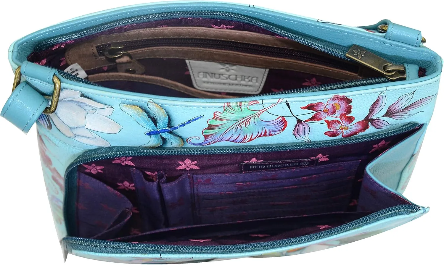 Anuschka Women's Original Hand-Painted Leather Crossbody with Front Zip Organizer & RFID Card Protection
