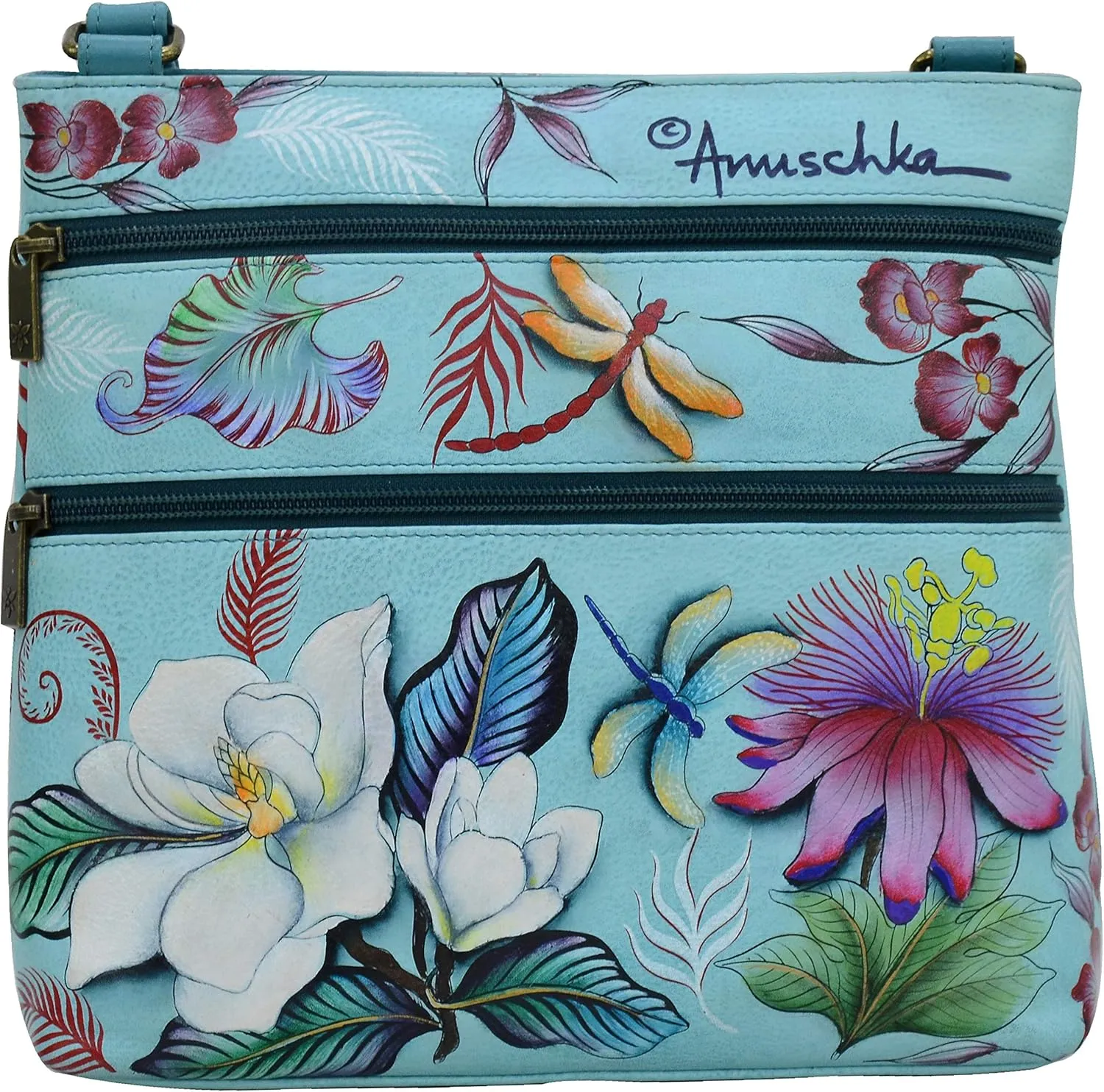 Anuschka Women's Original Hand-Painted Leather Crossbody with Front Zip Organizer & RFID Card Protection