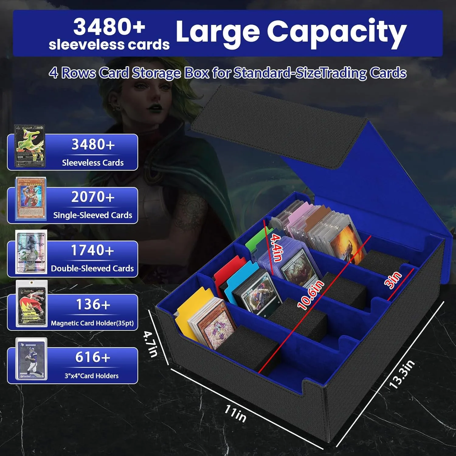 AOBOPLE 3400  Trading Card Storage Box,Storage Box for Top Loaders Hold 616 ,PU Magnetic Card Box with 16 Dividers&4 Supporters for MTG/TCG Sport Cards