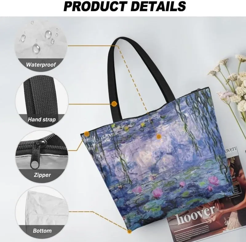 Art Lover Zippered Tote Bag Waterproof Large Work Tote Bags, Van Gogh Artwork Women's Purse Handbags Travel Totes