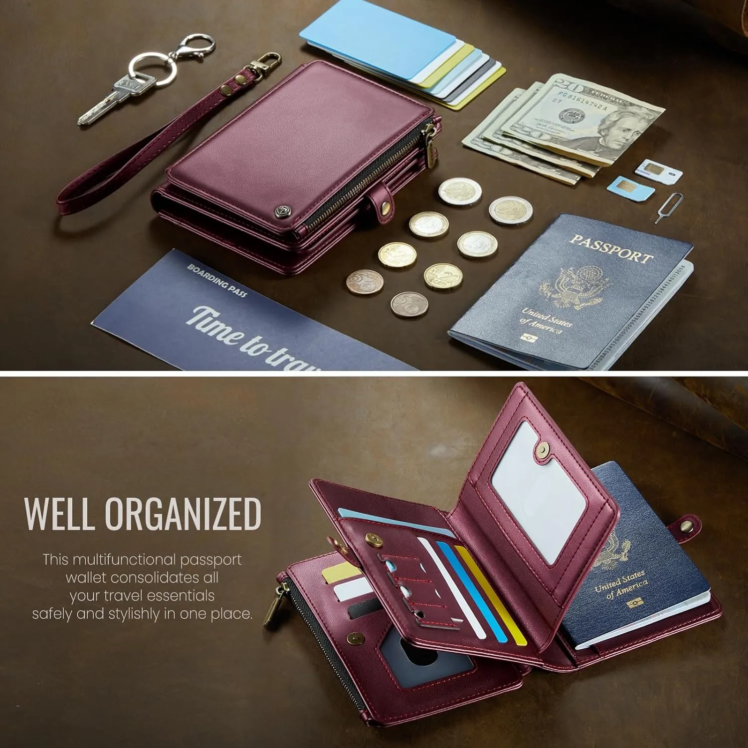 ASAPDOS Passport Holder Wallet Case Wallet for Men Women Wine Red