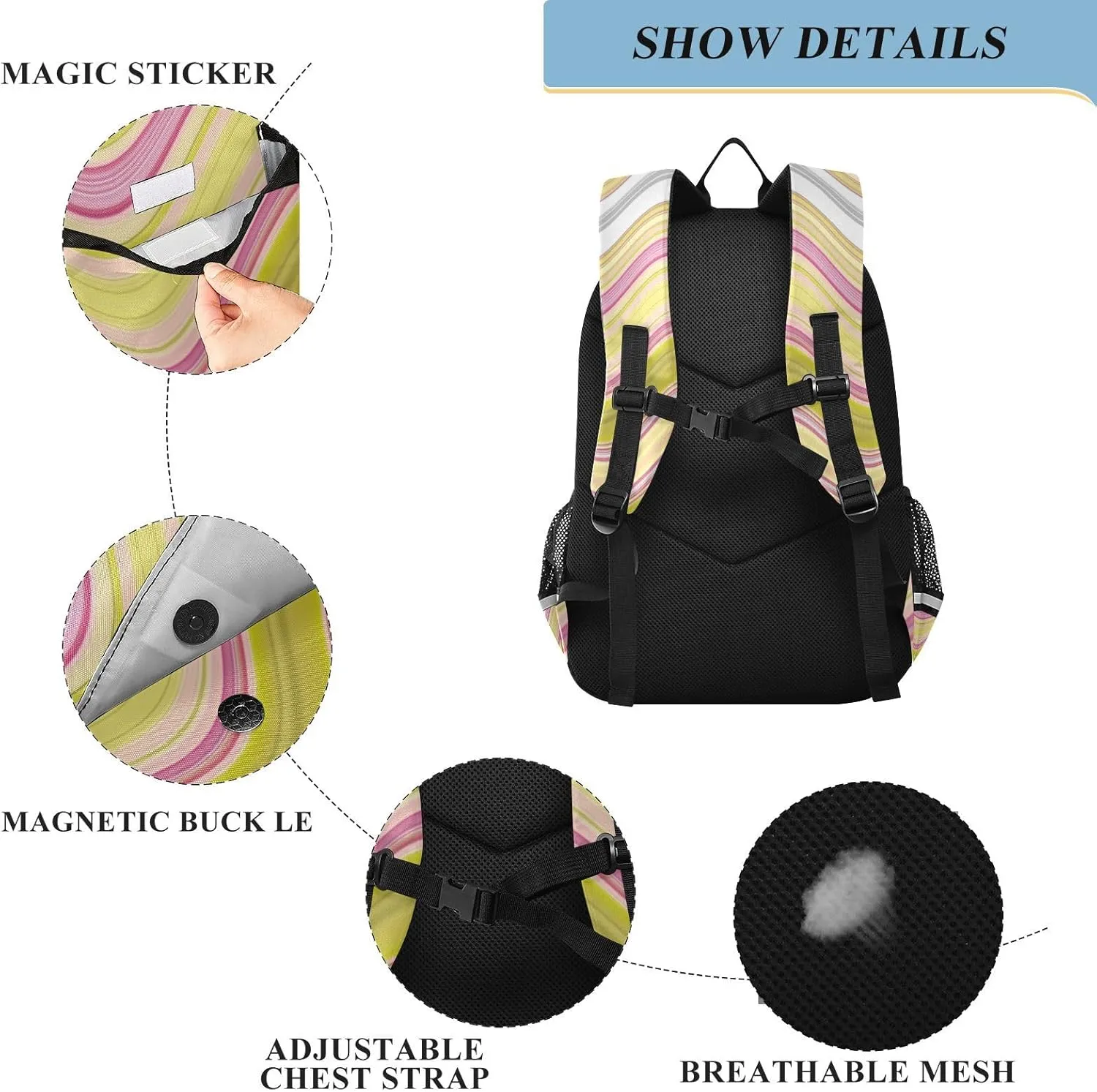 Aslsiy Kids Backpack Colorful Wavy Stripes School Backpack for Boys Girls Natural Color Book Bags Daycare 17 Inch Laptop Bag