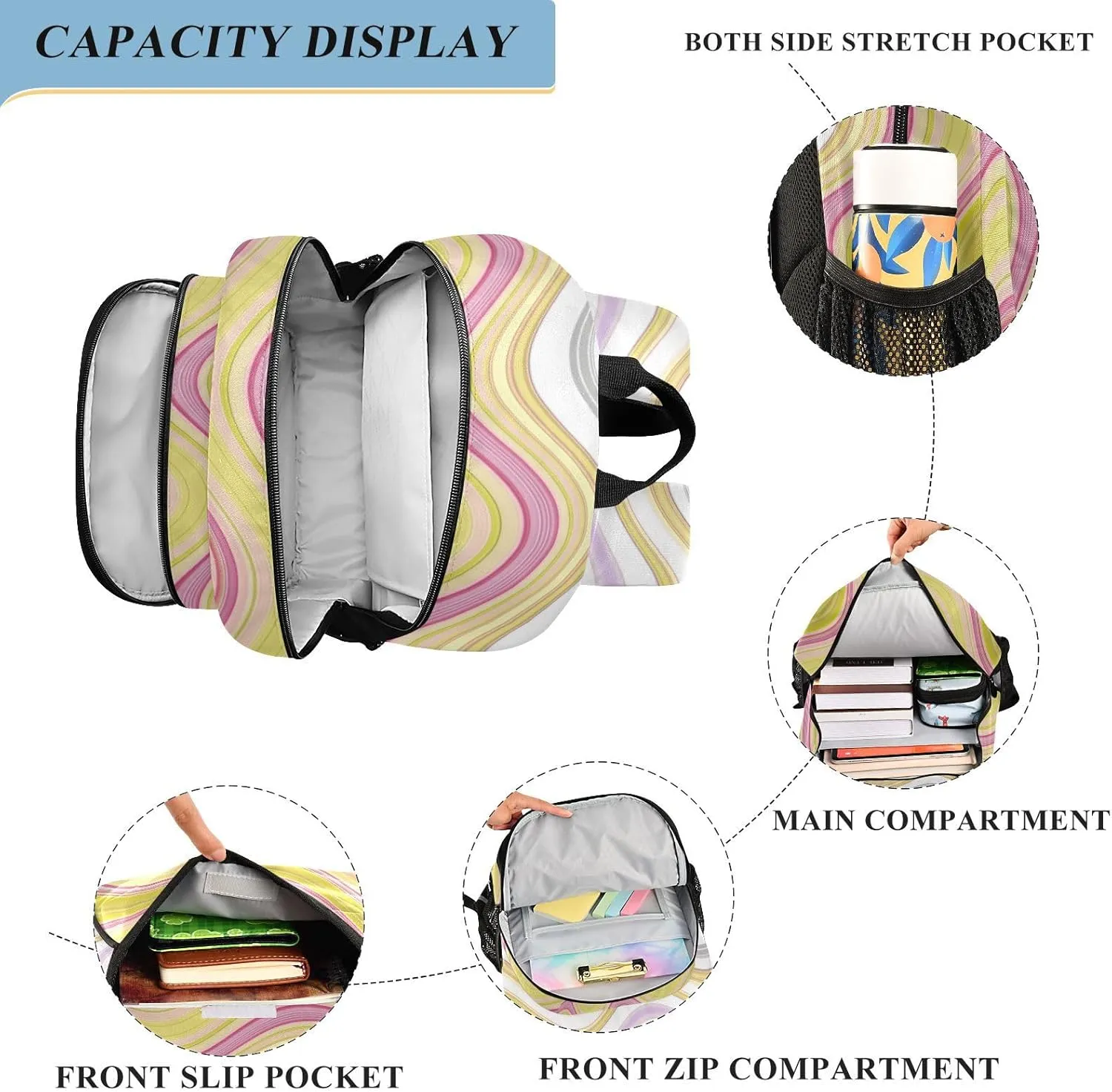 Aslsiy Kids Backpack Colorful Wavy Stripes School Backpack for Boys Girls Natural Color Book Bags Daycare 17 Inch Laptop Bag