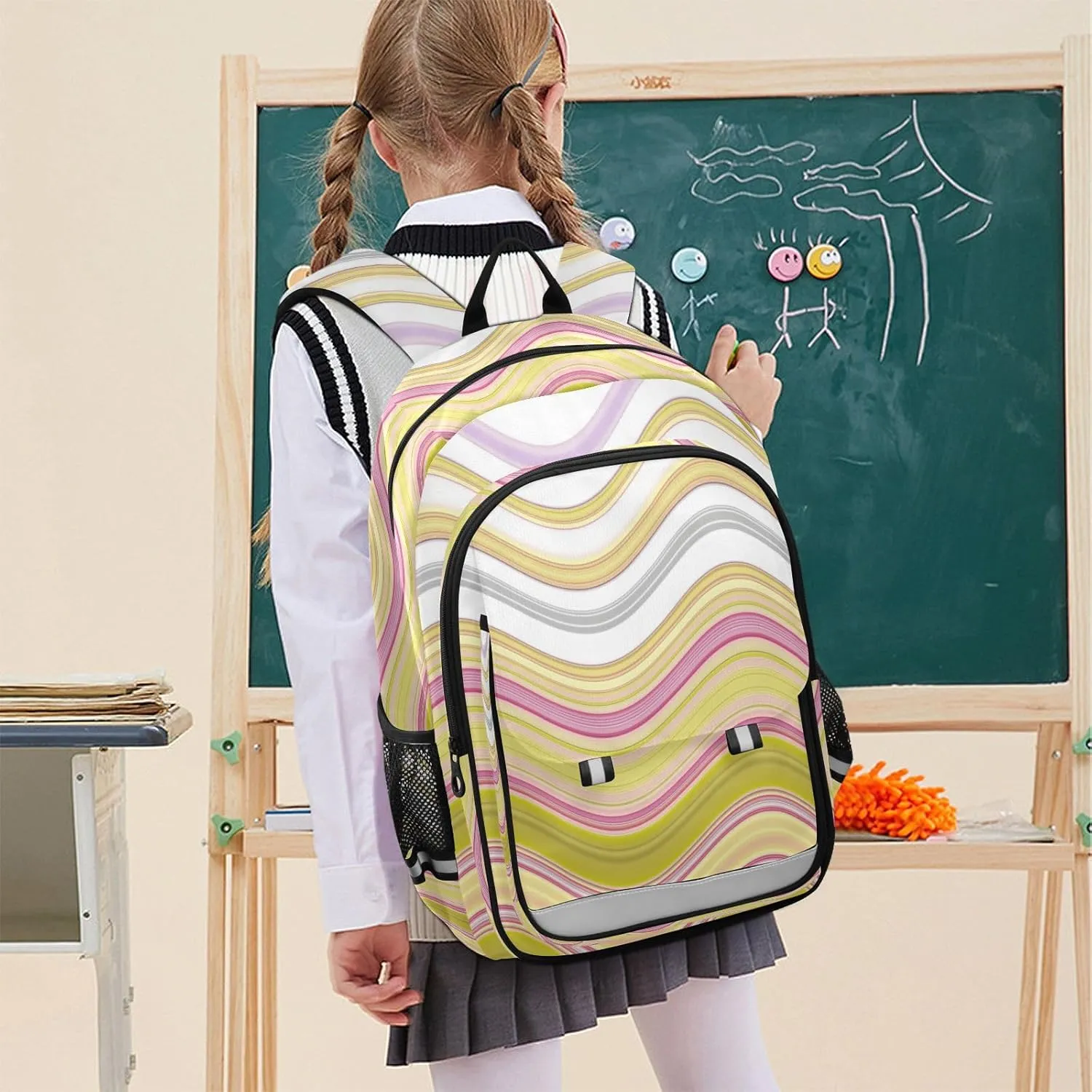 Aslsiy Kids Backpack Colorful Wavy Stripes School Backpack for Boys Girls Natural Color Book Bags Daycare 17 Inch Laptop Bag