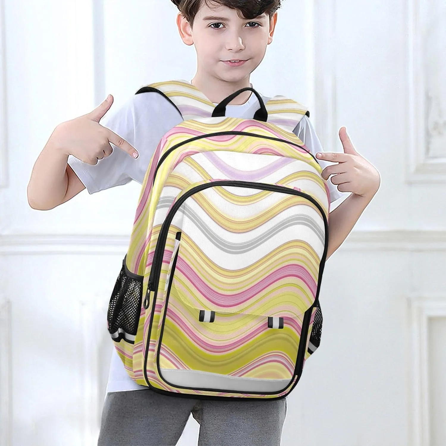 Aslsiy Kids Backpack Colorful Wavy Stripes School Backpack for Boys Girls Natural Color Book Bags Daycare 17 Inch Laptop Bag