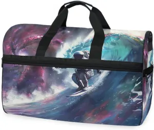 Astronaut Surfing Travel Duffel Bag Luggage Sports Gym Bags With Shoes Compartment Large Capacity Lightweight Duffle Bag For Men Women