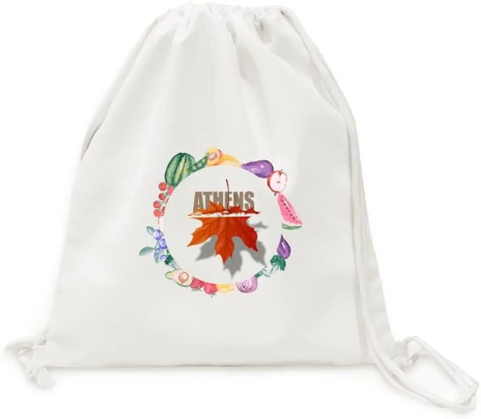 Athens City Outline Leaves Canvas Fabric Vegetable Fruit Folding Cinch Bag