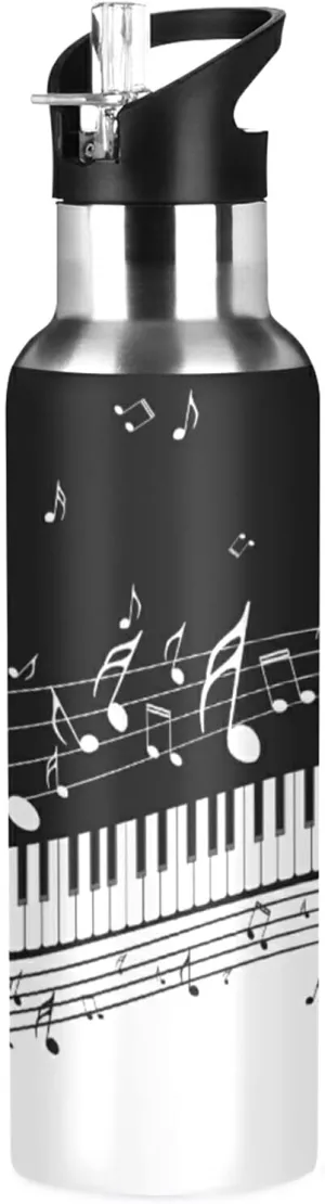ATTX Music Note Piano Keyboard Water Bottle with Straw, 22OZ Sports Water Bottle BPA Free Stainless Steel Water Jugs for Gym,Working, Outdoor