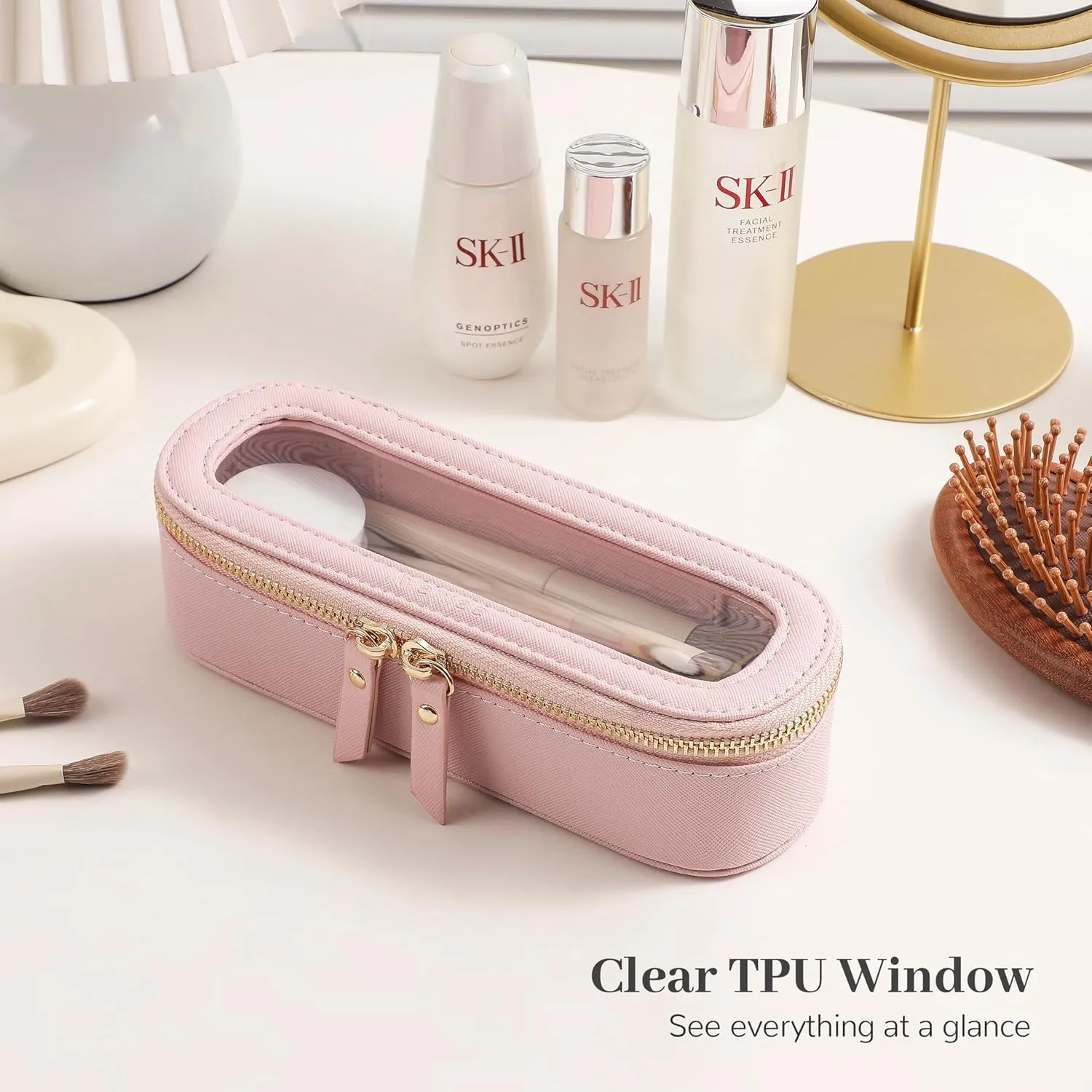 Aveniee Slim Clear Makeup Brush Bag, Small Cosmetic Brush Holder, Mini Toiletry Bag Travel Case for Women, Thin Make up Bags with Dual Zipper, Cute Travel Essentials Bag Organize - Pink