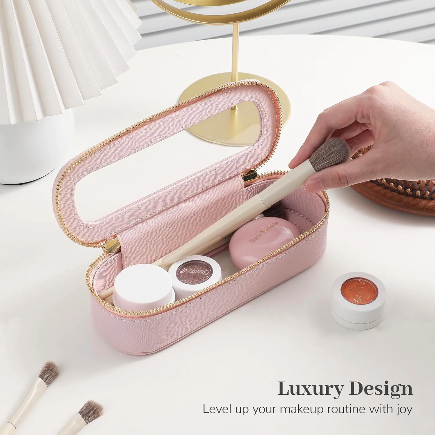 Aveniee Slim Clear Makeup Brush Bag, Small Cosmetic Brush Holder, Mini Toiletry Bag Travel Case for Women, Thin Make up Bags with Dual Zipper, Cute Travel Essentials Bag Organize - Pink