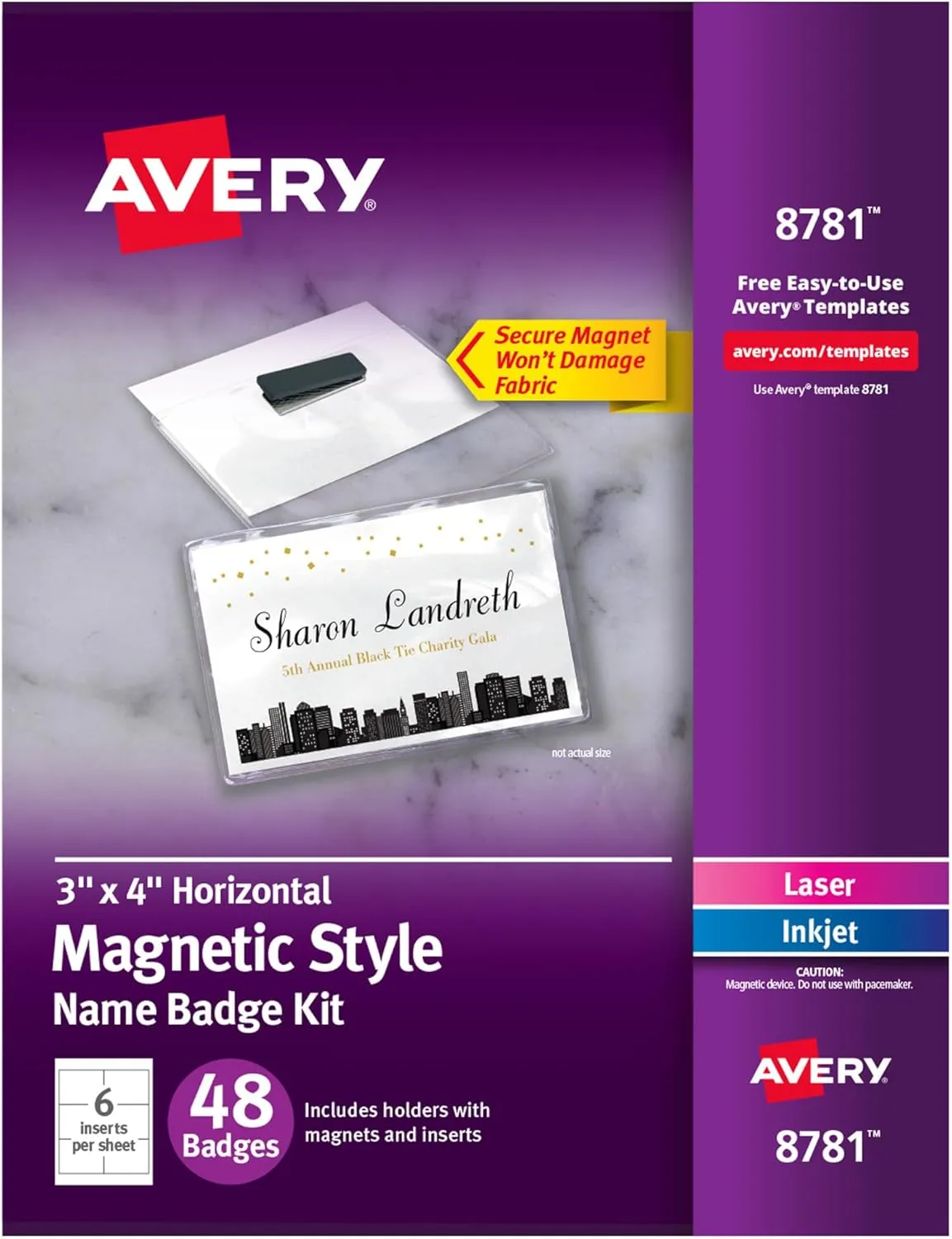 Avery Customizable Name Badges, Magnet Style, 3" x 4", Clear Name Tag Holders, White Laser/Inkjet Printable Inserts, 48 Total (8781)