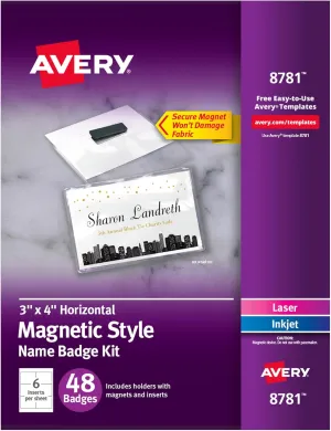Avery Customizable Name Badges, Magnet Style, 3" x 4", Clear Name Tag Holders, White Laser/Inkjet Printable Inserts, 48 Total (8781)