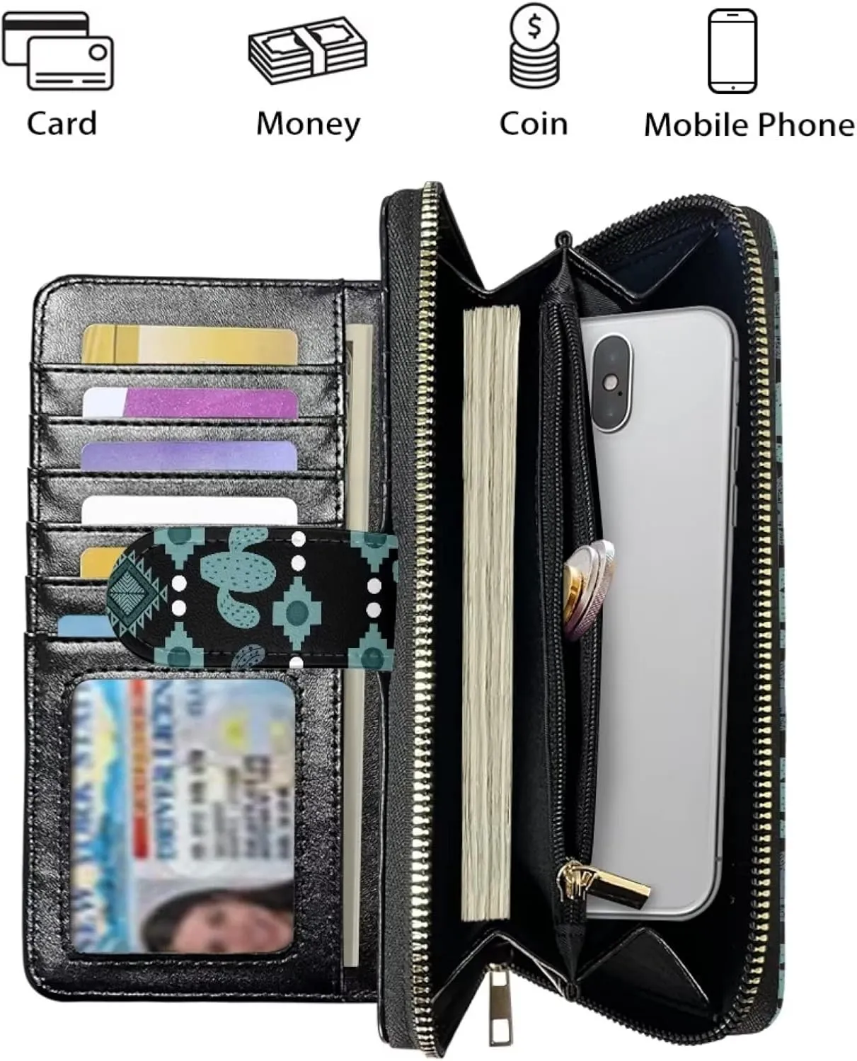 Aztec Cactus Print Wallet Women RFID Blocking Wallet Zip Around Large Leather Phone Purse Bifold Wallet