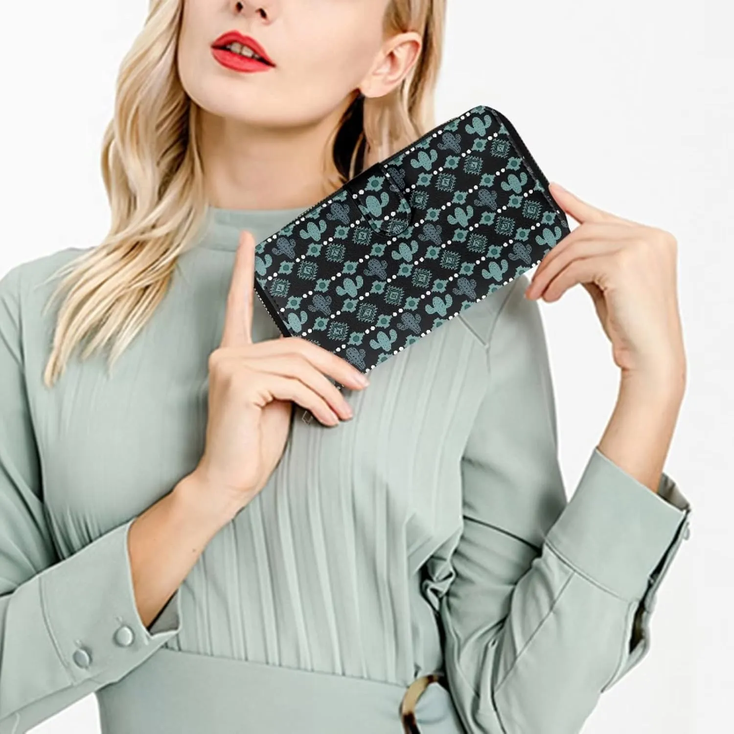 Aztec Cactus Print Wallet Women RFID Blocking Wallet Zip Around Large Leather Phone Purse Bifold Wallet