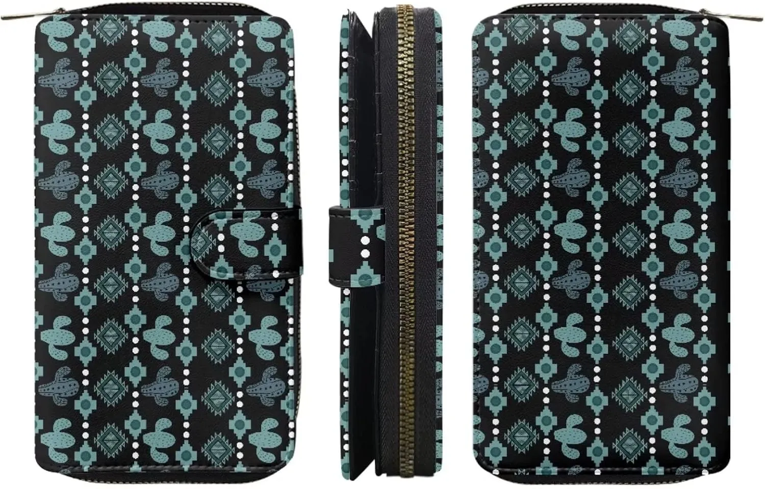 Aztec Cactus Print Wallet Women RFID Blocking Wallet Zip Around Large Leather Phone Purse Bifold Wallet