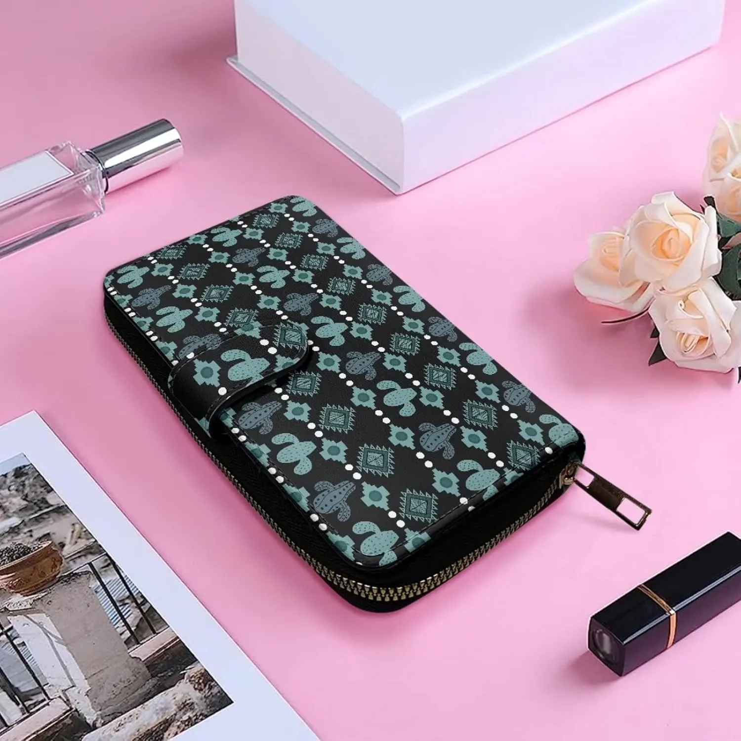 Aztec Cactus Print Wallet Women RFID Blocking Wallet Zip Around Large Leather Phone Purse Bifold Wallet