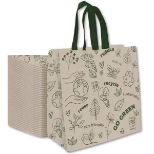 Bagways 50 PACK Reusable Grocery Totes with Handles, Durable, Foldable, Washable Eco-Friendly Shopping Tote Bags Bulk, 14x6.5x14 inches - Beige/Green Ecodoodles