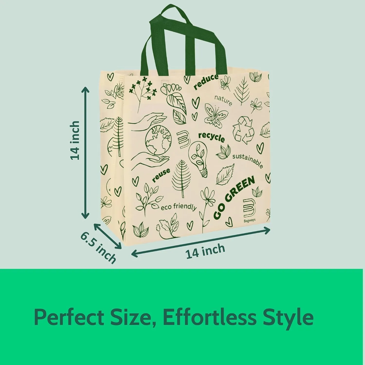 Bagways 50 PACK Reusable Grocery Totes with Handles, Durable, Foldable, Washable Eco-Friendly Shopping Tote Bags Bulk, 14x6.5x14 inches - Beige/Green Ecodoodles