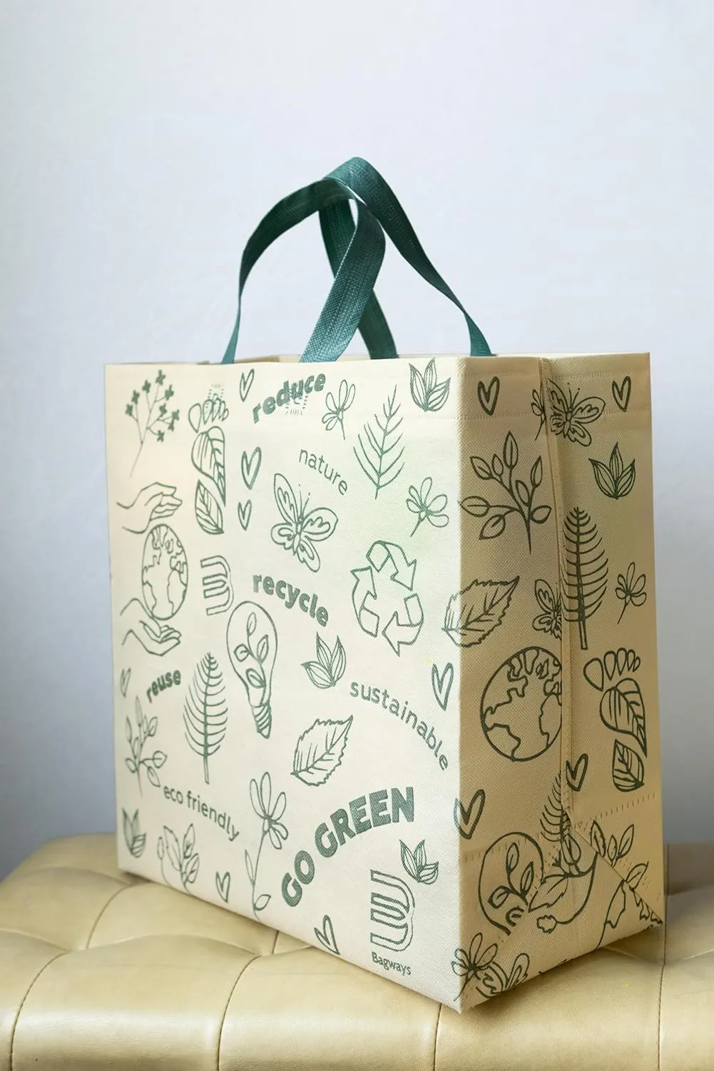 Bagways 50 PACK Reusable Grocery Totes with Handles, Durable, Foldable, Washable Eco-Friendly Shopping Tote Bags Bulk, 14x6.5x14 inches - Beige/Green Ecodoodles