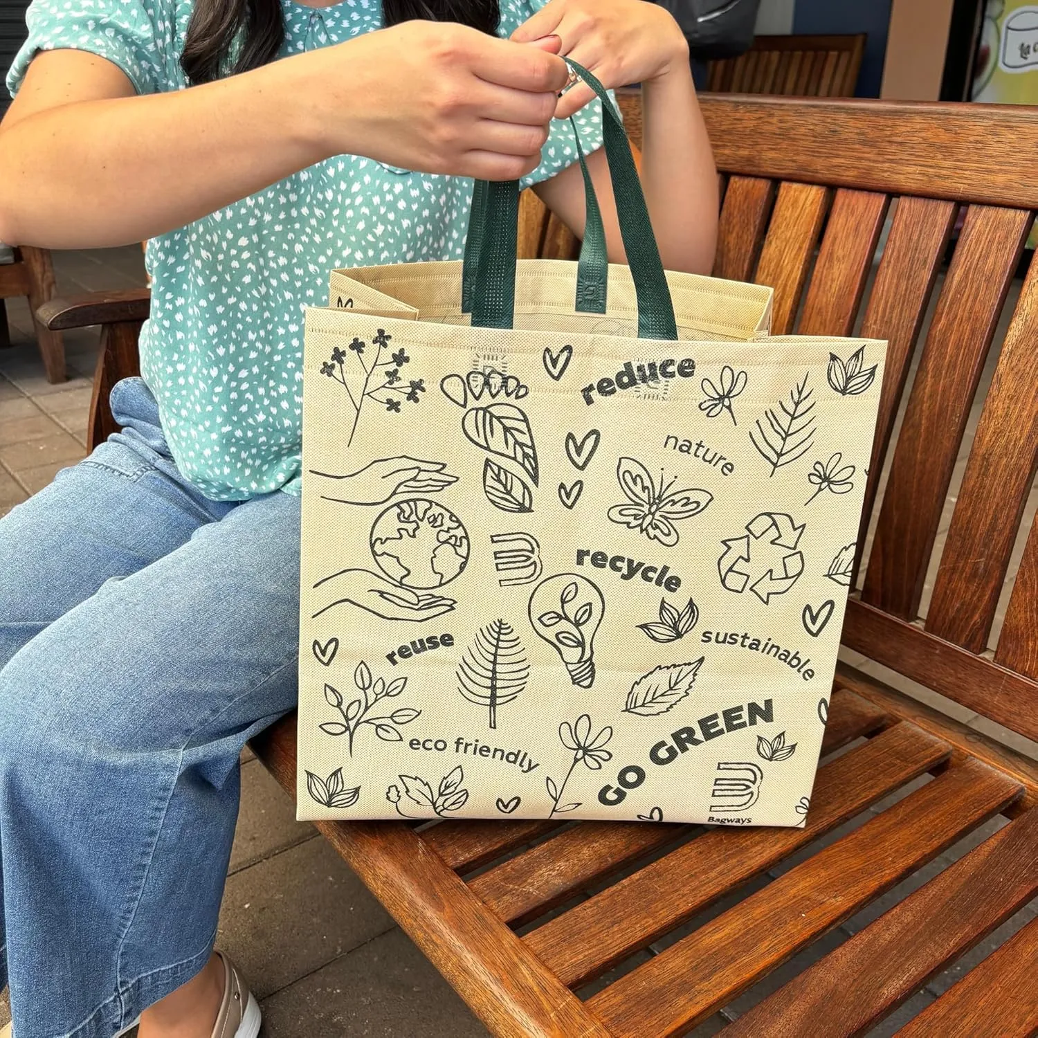 Bagways 50 PACK Reusable Grocery Totes with Handles, Durable, Foldable, Washable Eco-Friendly Shopping Tote Bags Bulk, 14x6.5x14 inches - Beige/Green Ecodoodles
