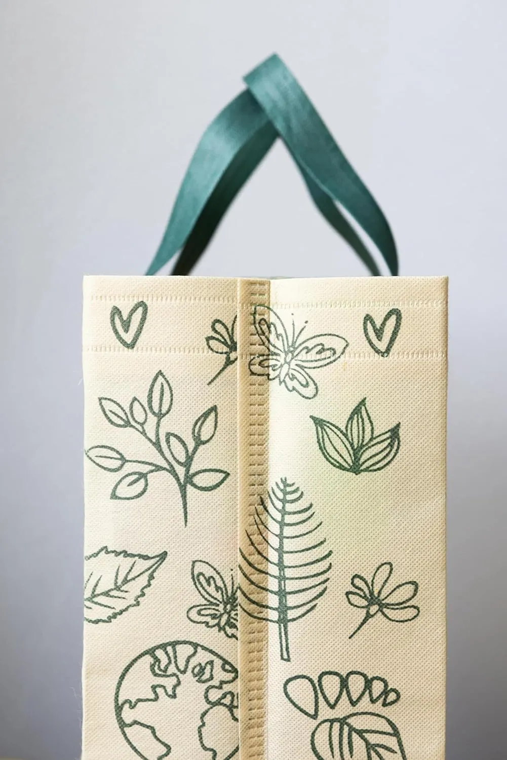 Bagways 50 PACK Reusable Grocery Totes with Handles, Durable, Foldable, Washable Eco-Friendly Shopping Tote Bags Bulk, 14x6.5x14 inches - Beige/Green Ecodoodles