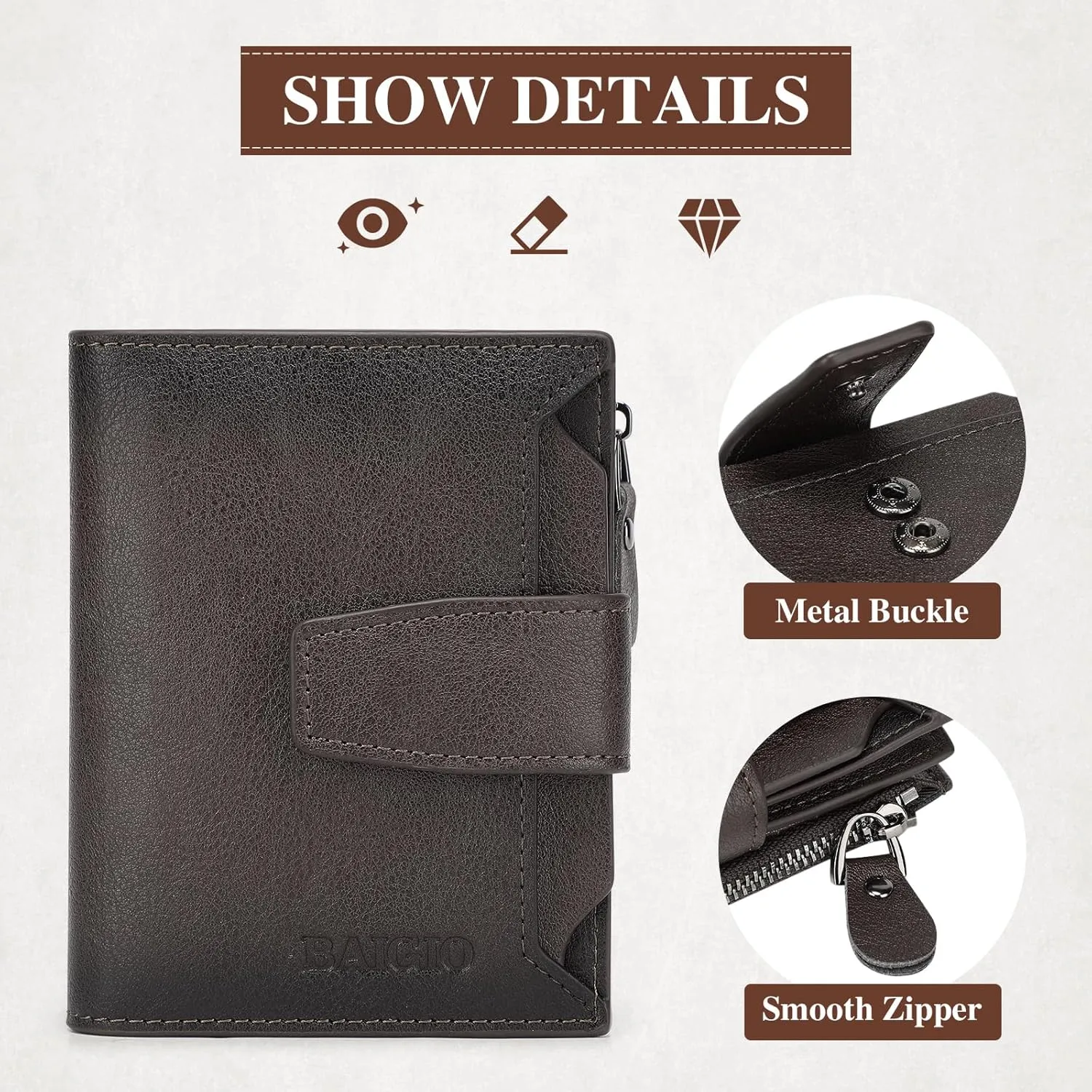 BAIGIO Genuine Leather Wallets for Men with Zipper RFID Card Holders Bifold Wallet for Men Purse Zip Coin Pocket
