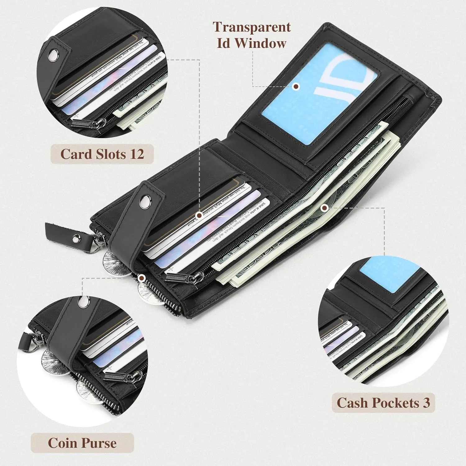 BAIGIO Genuine Leather Wallets for Men with Zipper RFID Card Holders Bifold Wallet for Men Purse Zip Coin Pocket