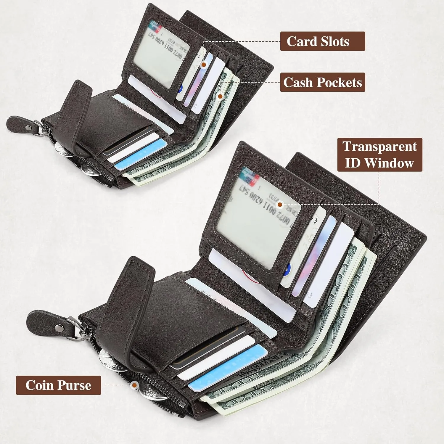 BAIGIO Genuine Leather Wallets for Men with Zipper RFID Card Holders Bifold Wallet for Men Purse Zip Coin Pocket