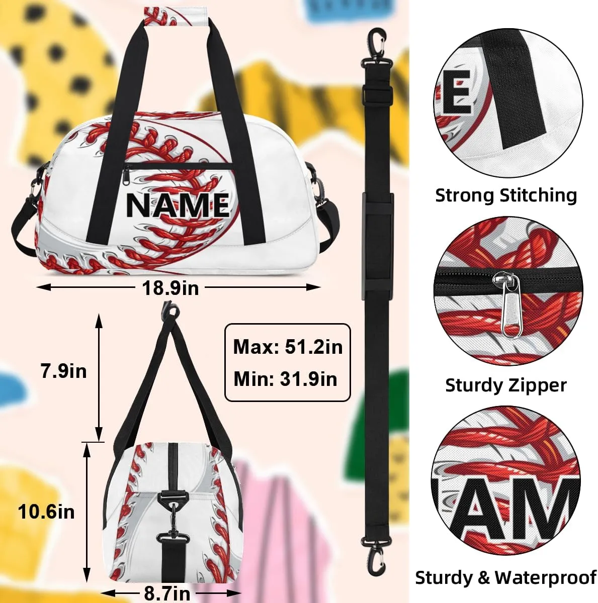 Baseball Custom Small Gym Bag 18 inch for Women Men Personalized Baseball Cool Sports Carry On Overnight Weekender Bag for Travel Work Dance Sport