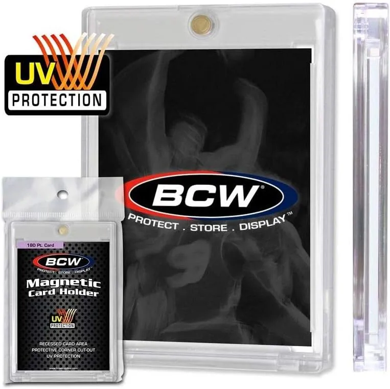 BCW 180 Pt Magnetic Card Holders - 12 Pack | Easy Access Trading Card Protectors | Ideal for Standard Size Cards, 2-Piece Design with Gold Magnet | Hard Plastic Magnetic Card Holder Sleeves