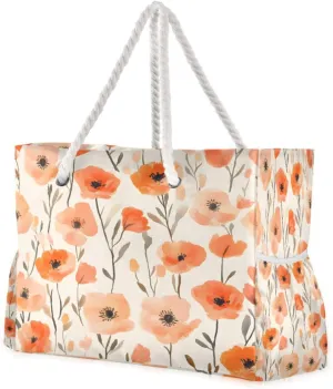 Beach Bag - Large Tote Bags for Women Flesh-colored Orange Flowers Pattern Shoulder Bags Zipper Waterproof Sandproof for Travel Gym Swim Daily