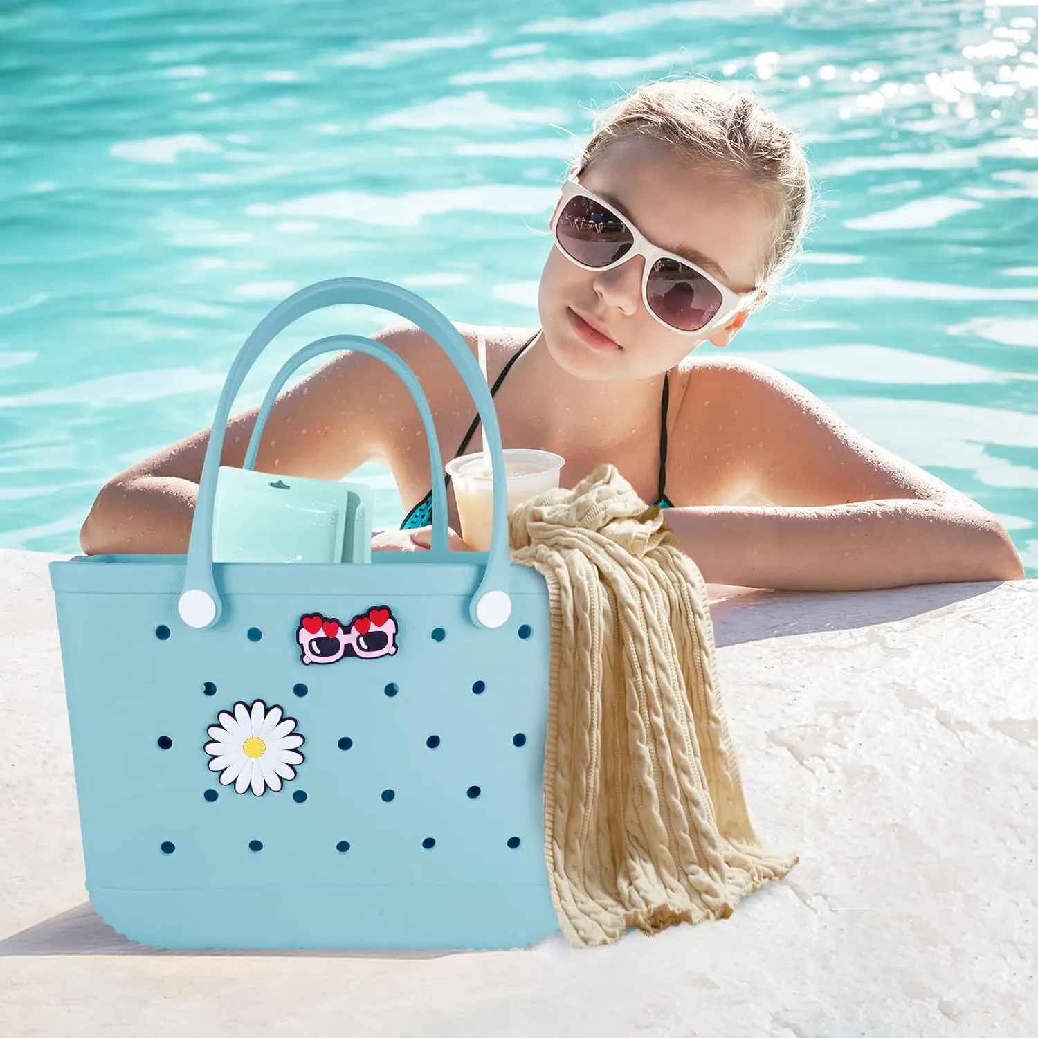Beach Bag Rubber Tote Bag - Extra Large Handbag with Charms Waterproof Lightweight Travel Purses for Pool Boat