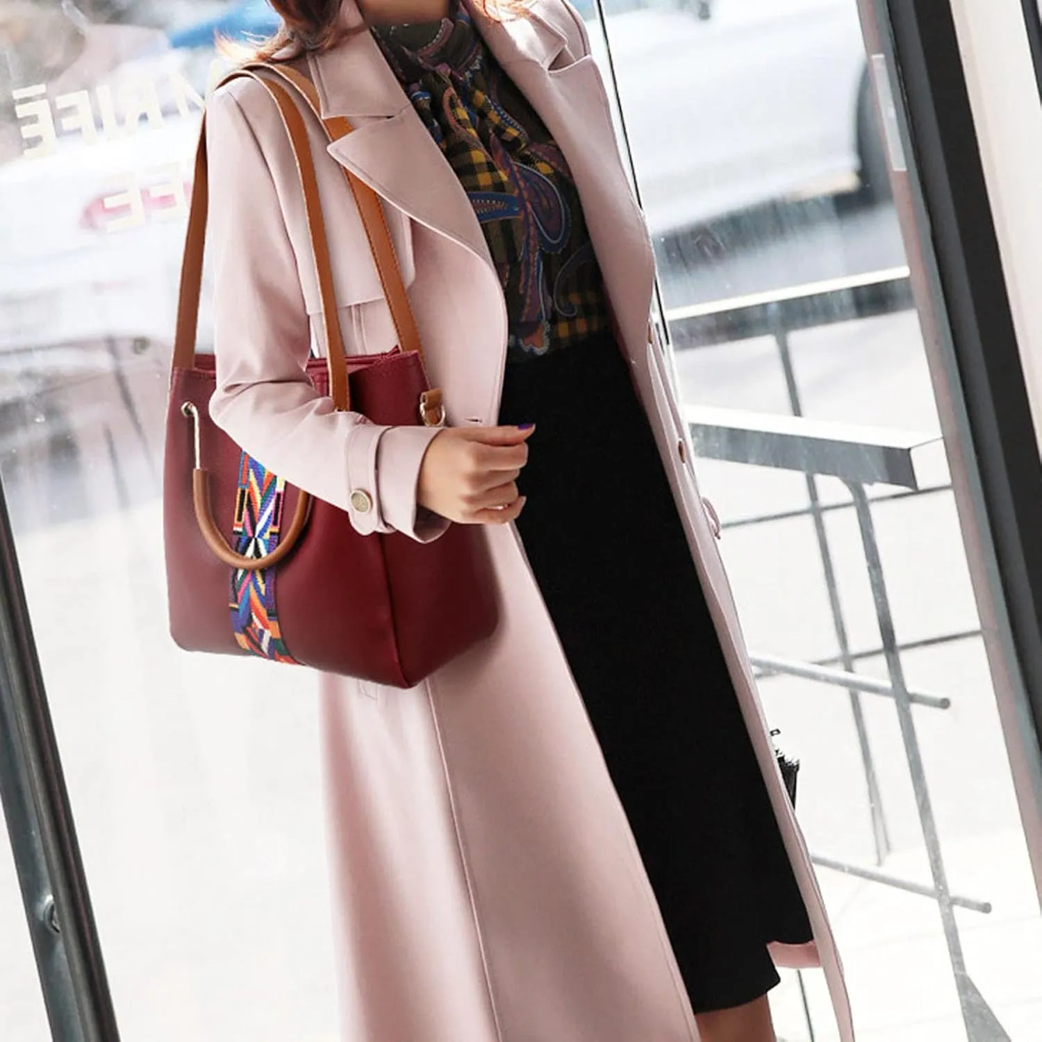 Beach Tote Bag 4 Packet Solid Color Leather Handbags Shoulder Bags Crossbody Hobo Bags Card Purse Work Travel Essential E