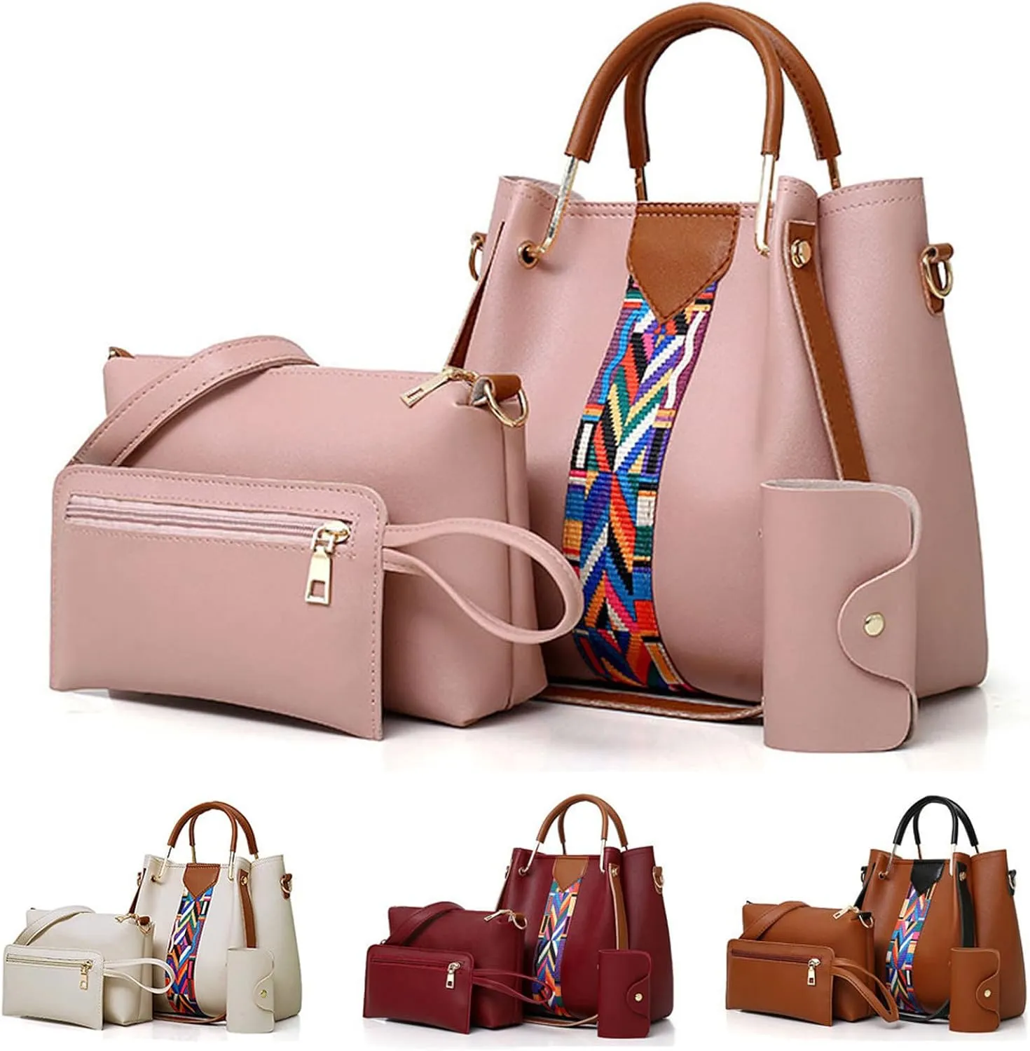 Beach Tote Bag 4 Packet Solid Color Leather Handbags Shoulder Bags Crossbody Hobo Bags Card Purse Work Travel Essential E