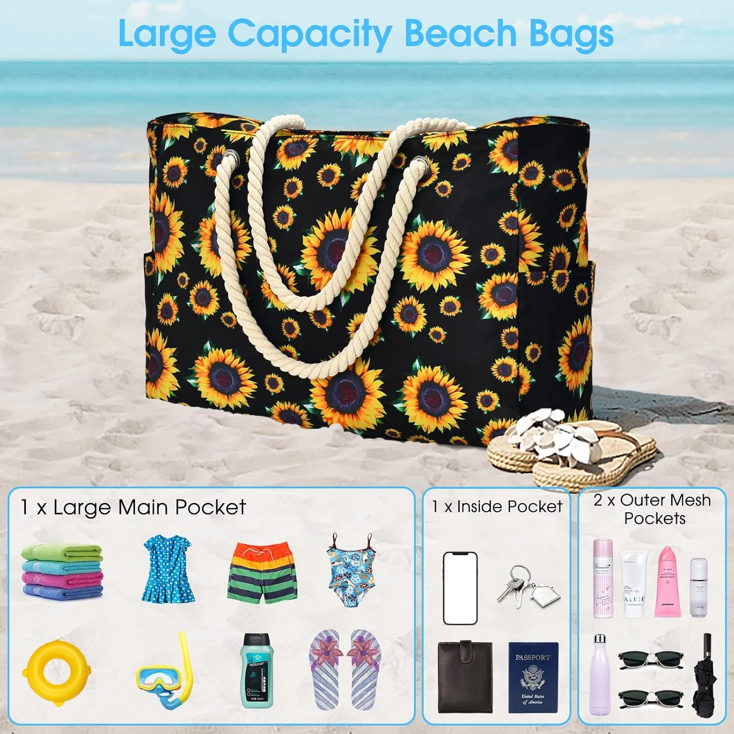 Becokan Beach Bag Large Beach Tote Bag for Women Waterproof Sandproof Swim Pool Bag With Zipper