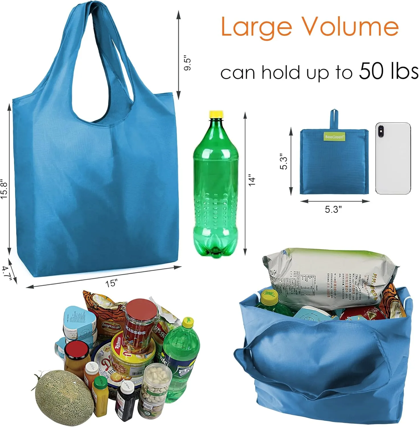 BeeGreen Reusable Grocery Bags 6 Pack Bulk Reusable Shopping Tote Bags with Handles Extra Large for 50LBS Heavy-Duty Foldable Machine Washable Reusable Snack Bags Travel Gifts Bag