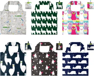 BeeGreen Reusable Shopping Bags - 6 Pack Alpaca Print Grocery Totes | Heavy Duty Washable Polyester Shopping Bag for Women, Reusable Gift Foldable Market Tote with Handles
