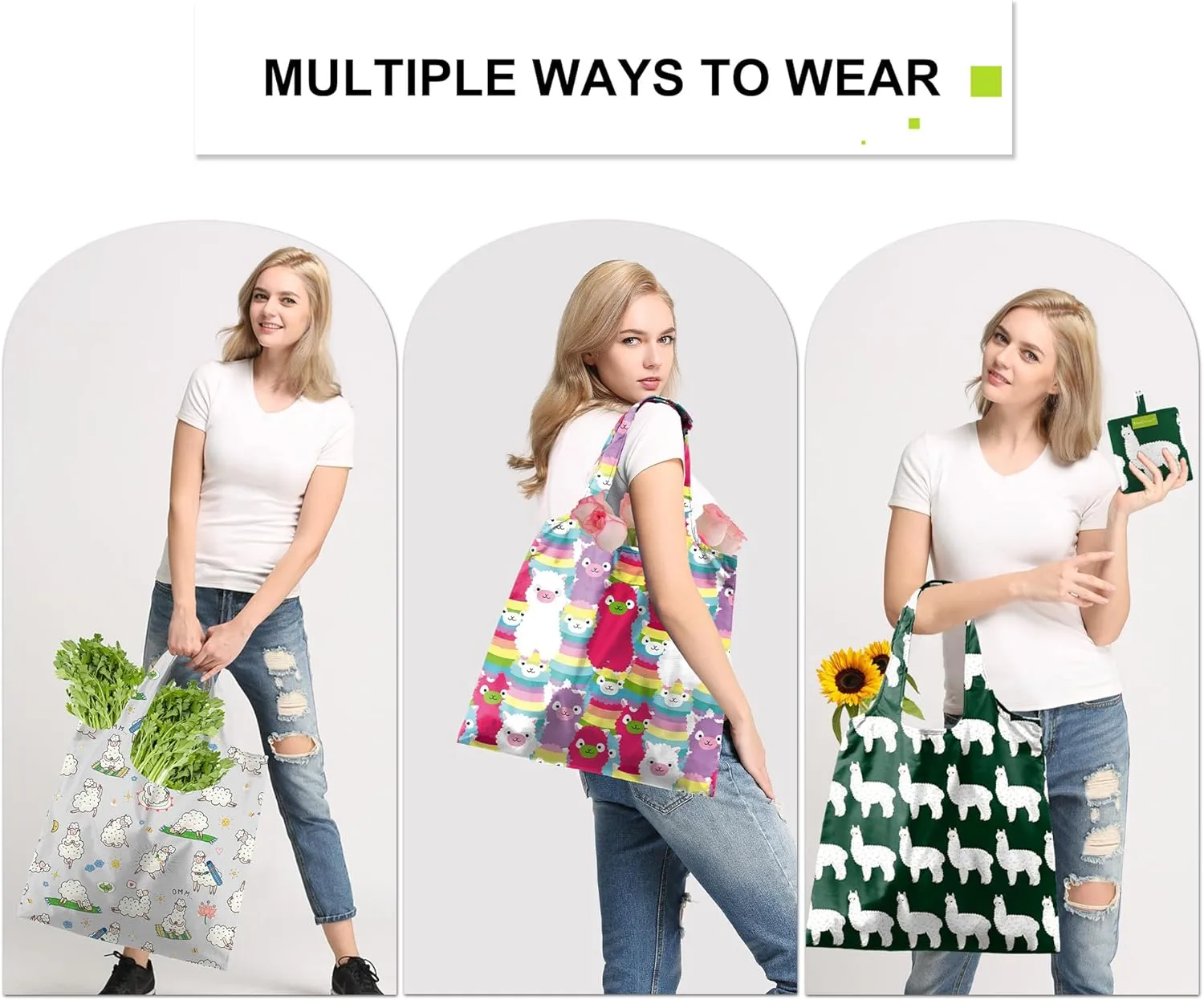 BeeGreen Reusable Shopping Bags - 6 Pack Alpaca Print Grocery Totes | Heavy Duty Washable Polyester Shopping Bag for Women, Reusable Gift Foldable Market Tote with Handles