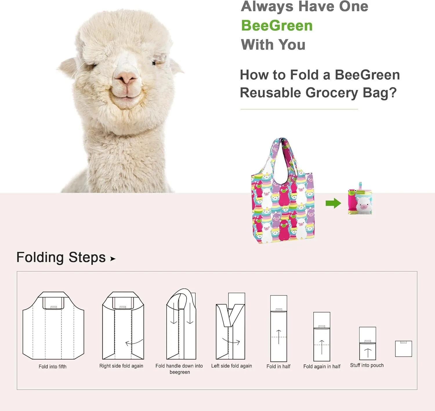 BeeGreen Reusable Shopping Bags - 6 Pack Alpaca Print Grocery Totes | Heavy Duty Washable Polyester Shopping Bag for Women, Reusable Gift Foldable Market Tote with Handles