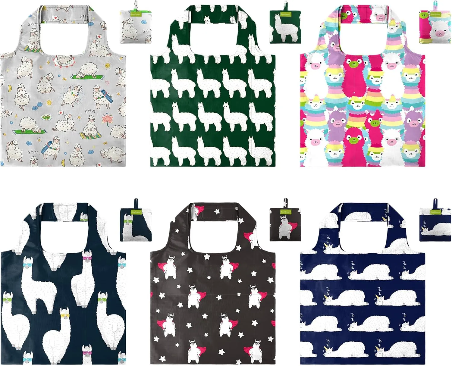 BeeGreen Reusable Shopping Bags - 6 Pack Alpaca Print Grocery Totes | Heavy Duty Washable Polyester Shopping Bag for Women, Reusable Gift Foldable Market Tote with Handles
