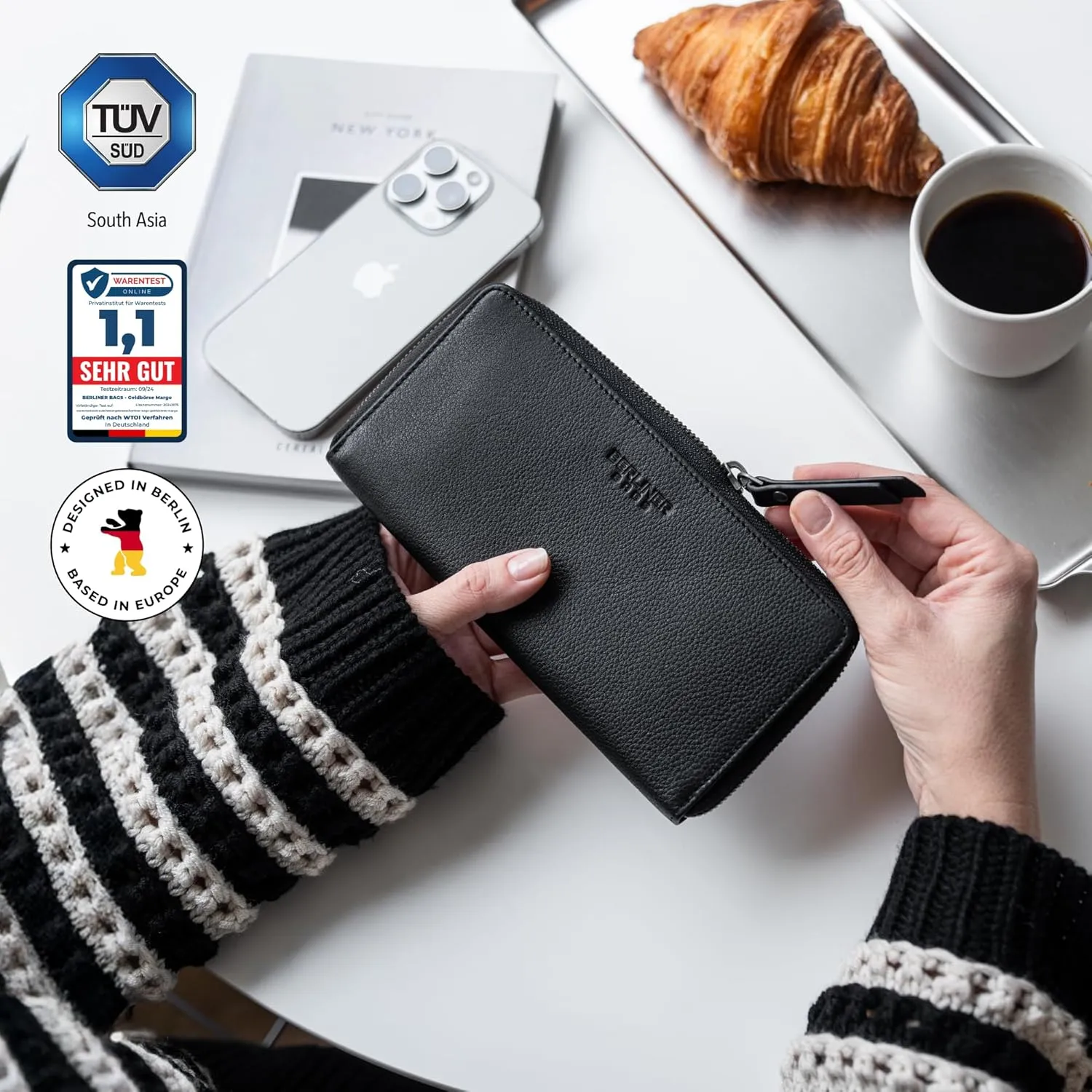 BERLINER BAGS Premium Genuine Leather Wallet Margo, RFID Blocking Credit Card Holder, Slim Womens Wallet, Zip Around Wallet for 13 Cards and ID window, Bills, Coins - Black