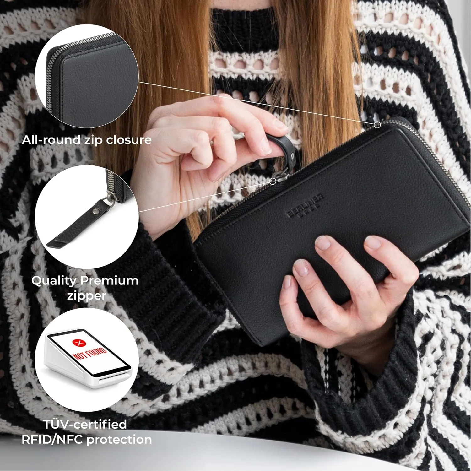 BERLINER BAGS Premium Genuine Leather Wallet Margo, RFID Blocking Credit Card Holder, Slim Womens Wallet, Zip Around Wallet for 13 Cards and ID window, Bills, Coins - Black