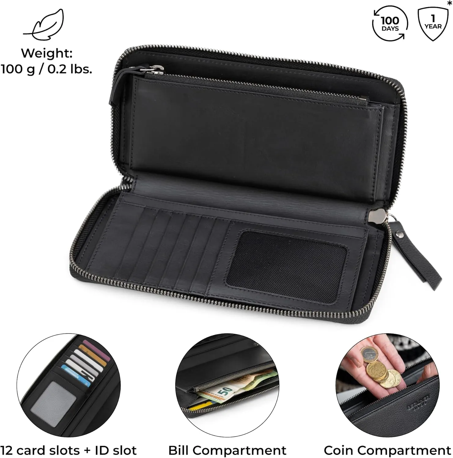 BERLINER BAGS Premium Genuine Leather Wallet Margo, RFID Blocking Credit Card Holder, Slim Womens Wallet, Zip Around Wallet for 13 Cards and ID window, Bills, Coins - Black