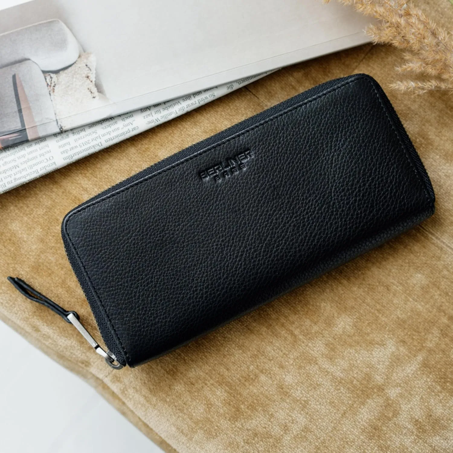 BERLINER BAGS Premium Genuine Leather Wallet Palma, RFID Blocking Credit Card Holder, Slim Womens Wallet, Zip Around Wallet for 14 Cards, Bills, Coins, ID Window - Black