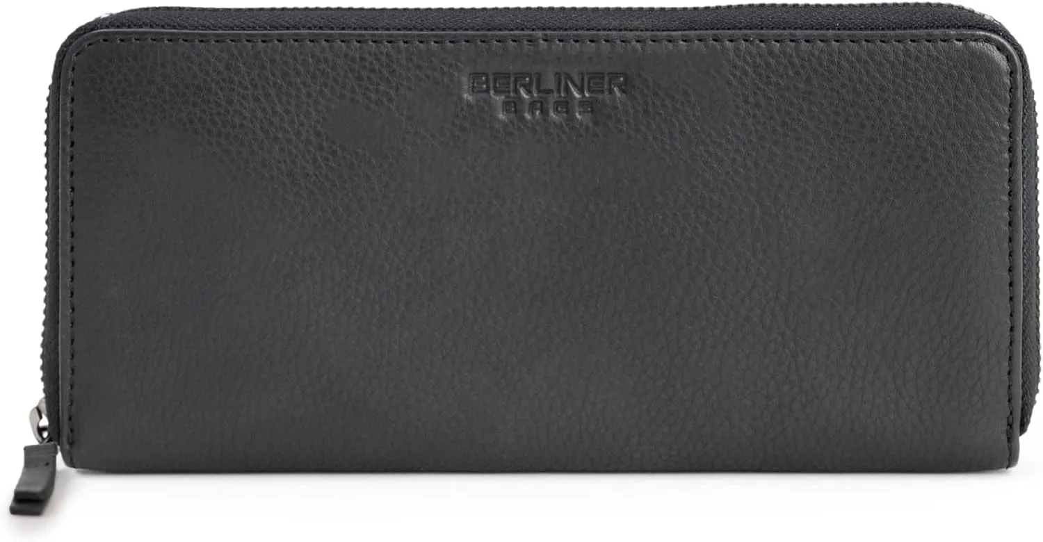 BERLINER BAGS Premium Genuine Leather Wallet Palma, RFID Blocking Credit Card Holder, Slim Womens Wallet, Zip Around Wallet for 14 Cards, Bills, Coins, ID Window - Black