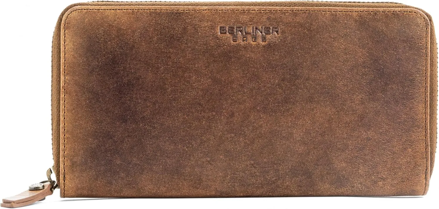 BERLINER BAGS Vintage Genuine Leather Wallet Margo, RFID Blocking Credit Card Holder, Slim Womens Wallet, Zip Around Wallet for 13 Cards and ID window, Bills, Coins - Brown