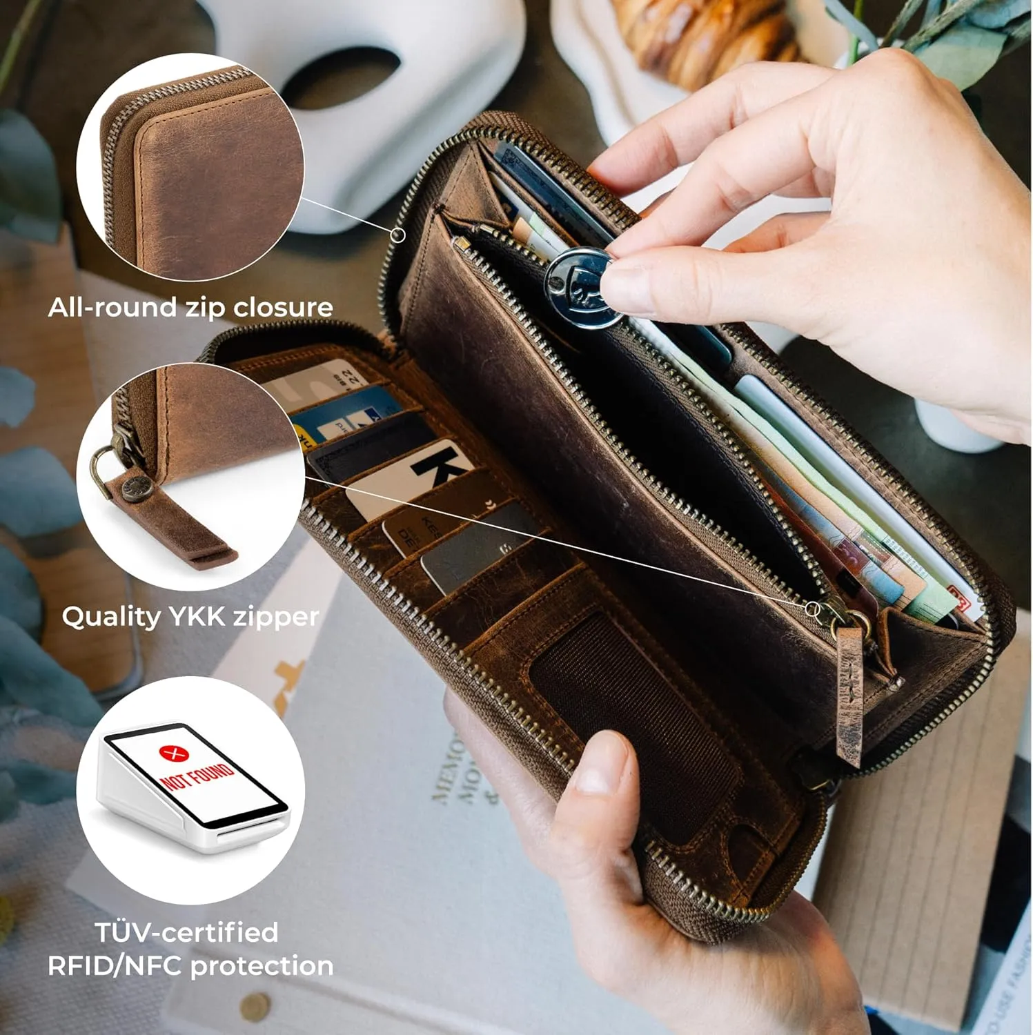 BERLINER BAGS Vintage Genuine Leather Wallet Margo, RFID Blocking Credit Card Holder, Slim Womens Wallet, Zip Around Wallet for 13 Cards and ID window, Bills, Coins - Brown