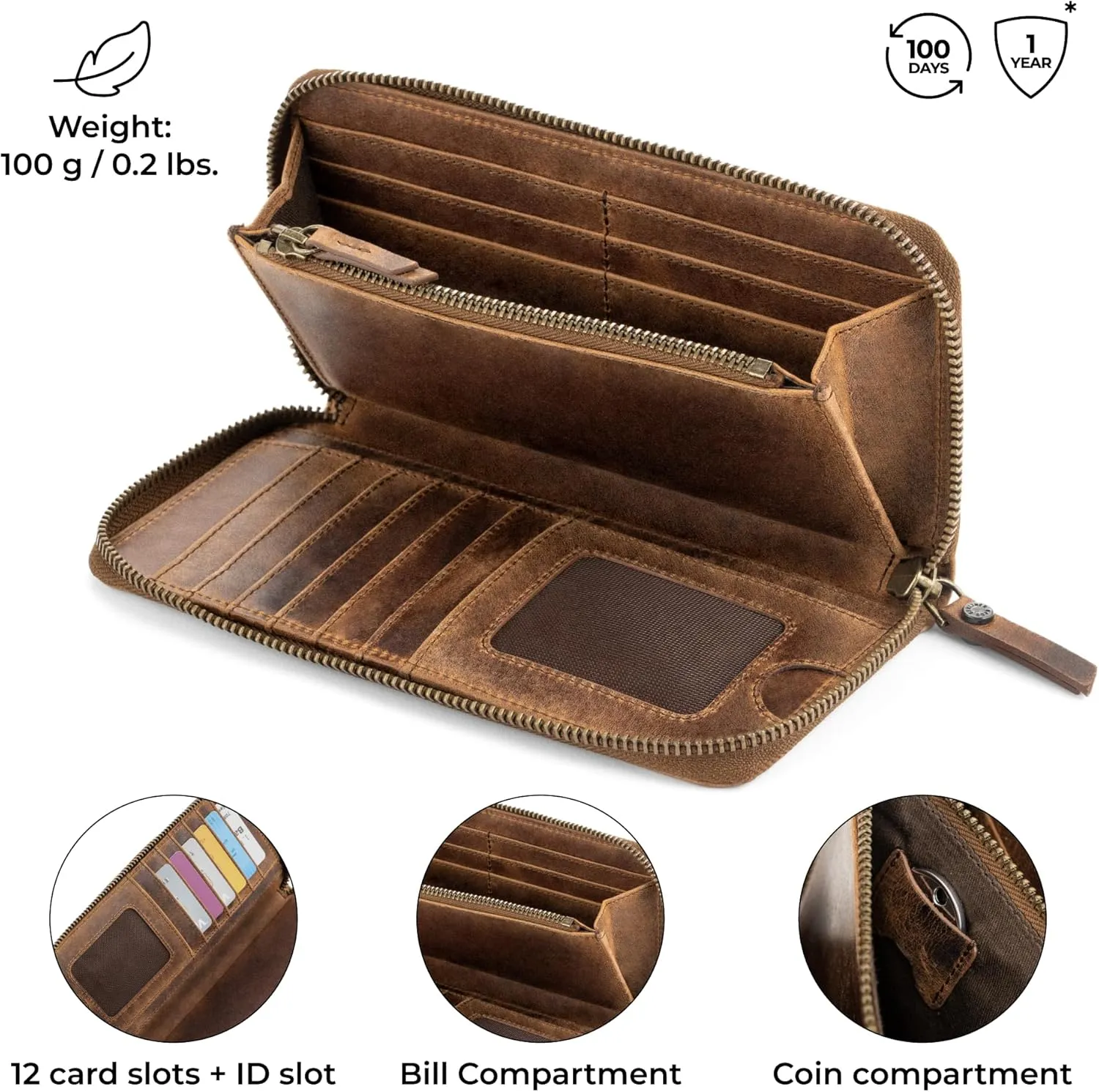 BERLINER BAGS Vintage Genuine Leather Wallet Margo, RFID Blocking Credit Card Holder, Slim Womens Wallet, Zip Around Wallet for 13 Cards and ID window, Bills, Coins - Brown
